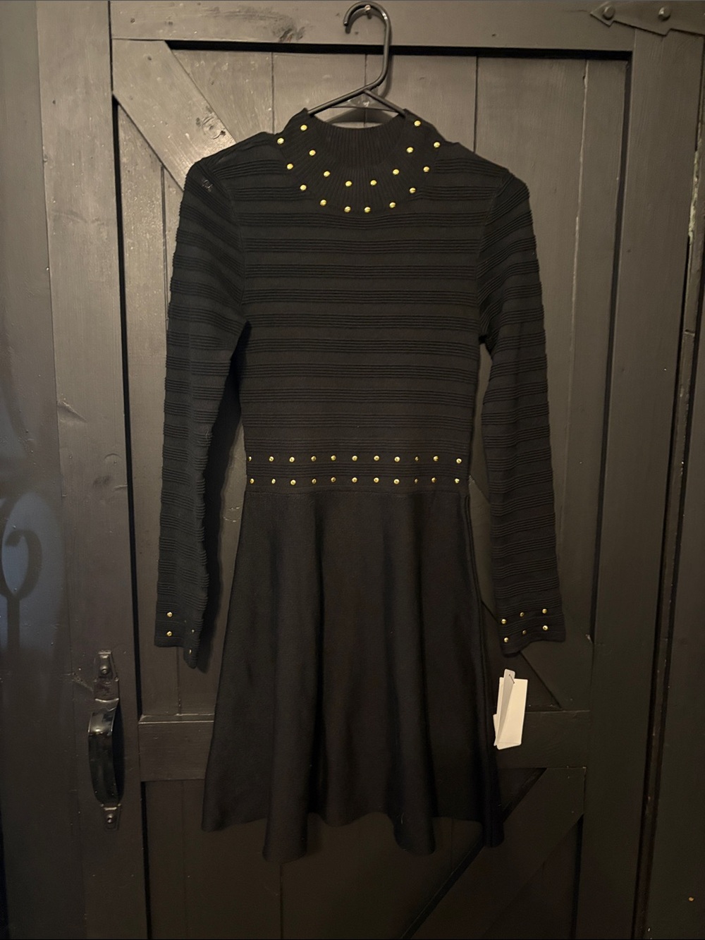 BCX Black Long Sleeve Flared Dress with Gold Stud Accents